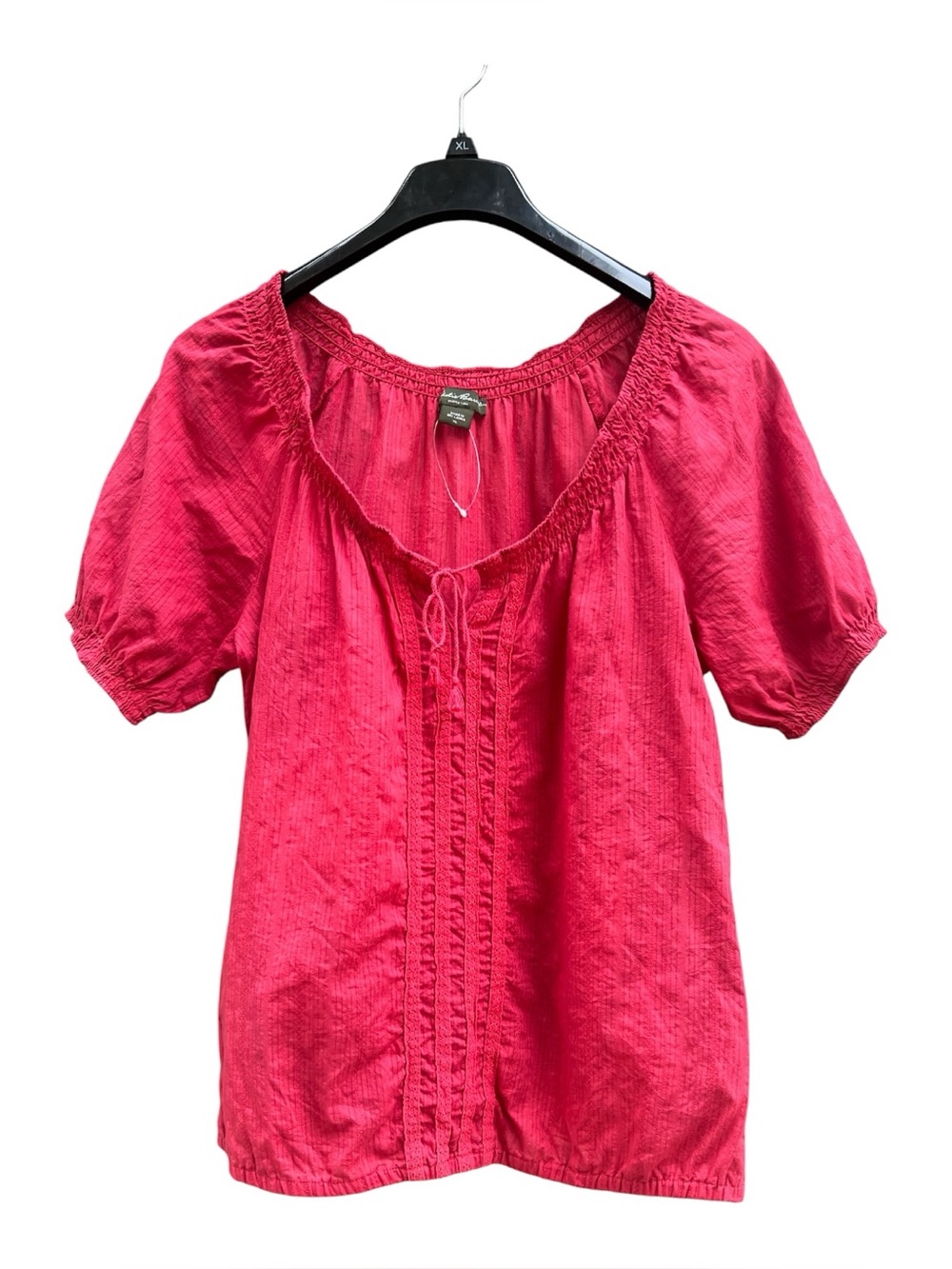 Eddie Bauer Red Peasant Blouse with Pintuck Lace Front Tassels Size XL SemiSheer